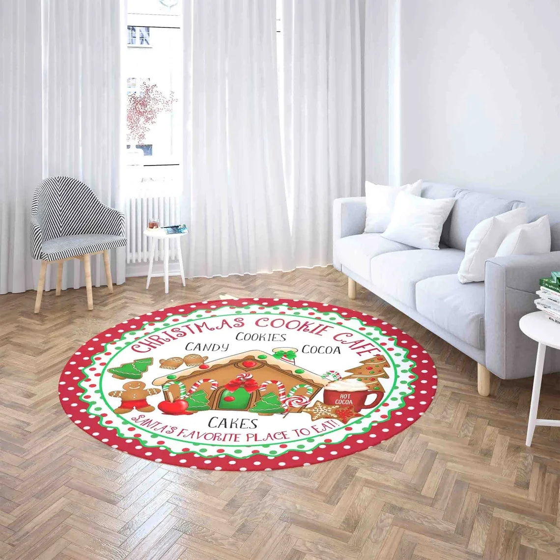 VIKAMA Festive Snowflake Christmas Tree Round Rug
