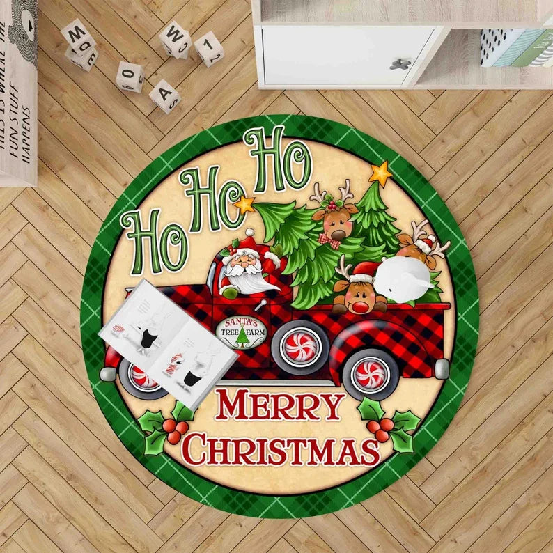 Christmas Santa 3D Round Rug Illusion Printed Carpet Xmas Tree Living Room Holiday Decoration Rug