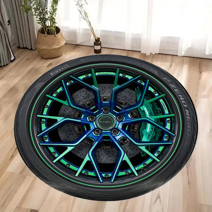 Sporty wheel rim design accent rug