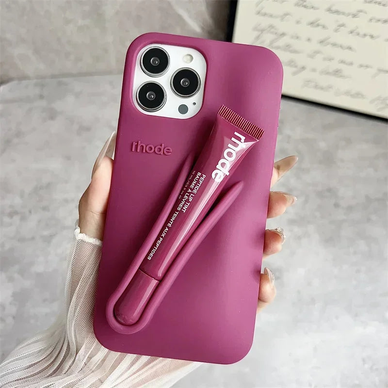 Rhode Lip Gloss iPhone Case – Silicone Makeup Phone Cover with Lipstick Holder