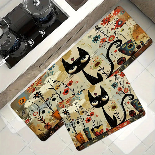 VIKAMA Black Cat Pattern Rug Waterproof Non-Slip Kitchen Long Carpet Bathroom Bedroom Living Room Floor Mat Home Decor