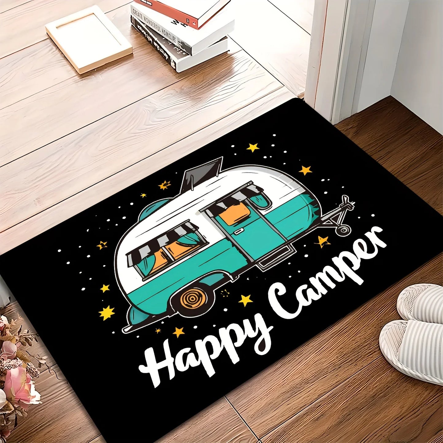 VIKAMA Happy Camper Rug Creative Style Doormat Welcome Mat Warm Non-Slip Bedroom Living Room Bathroom Carpet Home Decor