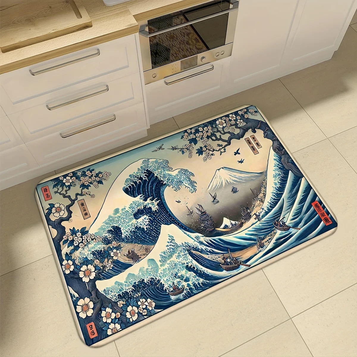 VIKAMA Retro Japanese Ukiyo-e Wave Design, Non-Slip And Dirt-Resistant Rug, For Kitchen, Entrance, Living Room Carpet Home Decor