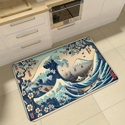 VIKAMA Retro Japanese Ukiyo-e Wave Design, Non-Slip And Dirt-Resistant Rug, For Kitchen, Entrance, Living Room Carpet Home Decor