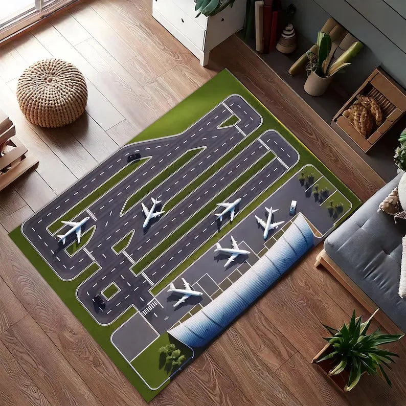 Airport Runway Aircraft Theme Non-Slip Kids Play Carpet Mat Terminal Design Home Decoration Rug