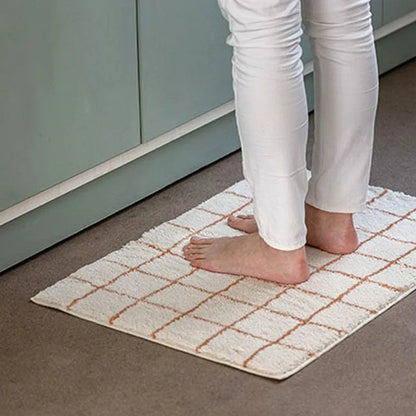 Simple Plaid Faux Cashmere Floor Mat Non-Slip Bedside Bathroom Door Absorbent Carpet