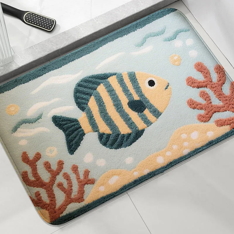 Cartoon Fish Bathroom Mat Non-Slip Absorbent Shower Room Carpet Machine Washable Floor Rug Home Decor