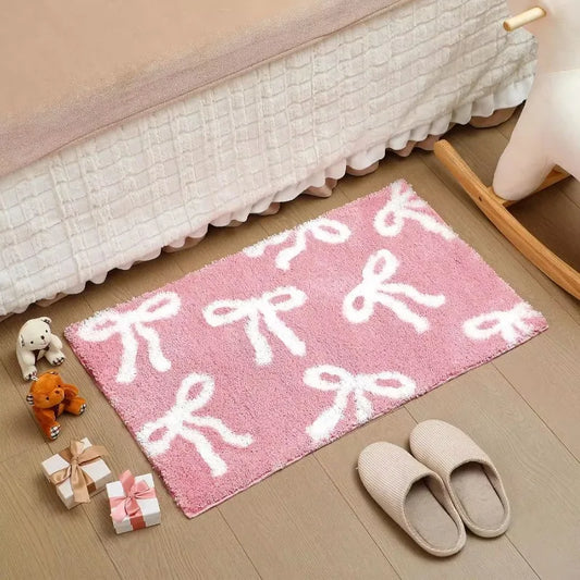 Bow Faux Cashmere Bathroom Door Mat Non-Slip Absorbent Entry Floor Carpet