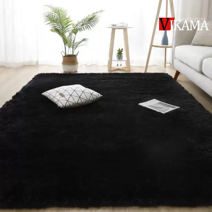 Black fluffy shaggy plush area rug