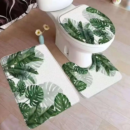 Tropical leaves bathroom mat set palm leaf flannel non-slip rug