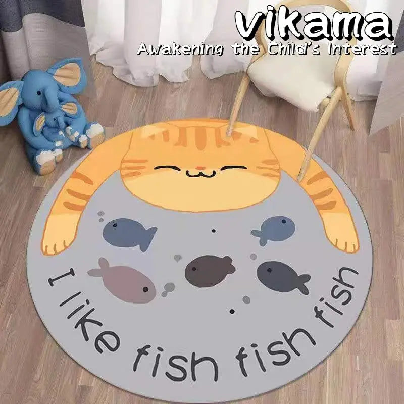 VIKAMA Cartoon Animal Round Cashmere Rug Non-Slip Washable Bedroom Living Room Sofa Mat