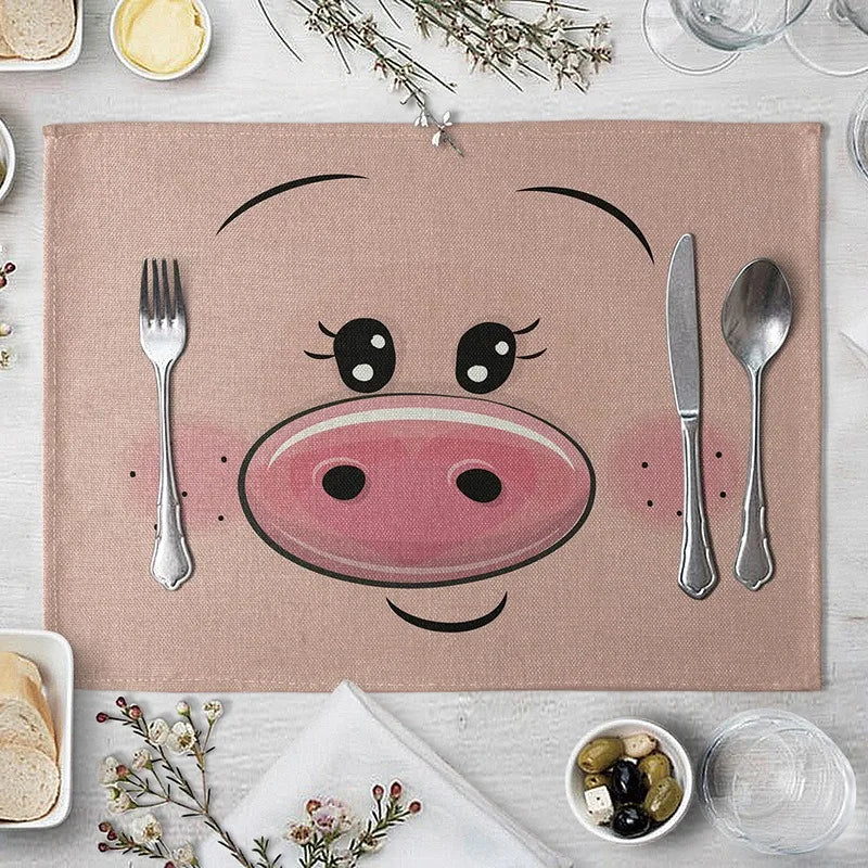 Cute Animal Linen Kids Placemat Set (Pig Bear Frog Fox Pattern)