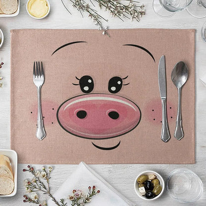 Cute Animal Linen Kids Placemat Set (Pig Bear Frog Fox Pattern)