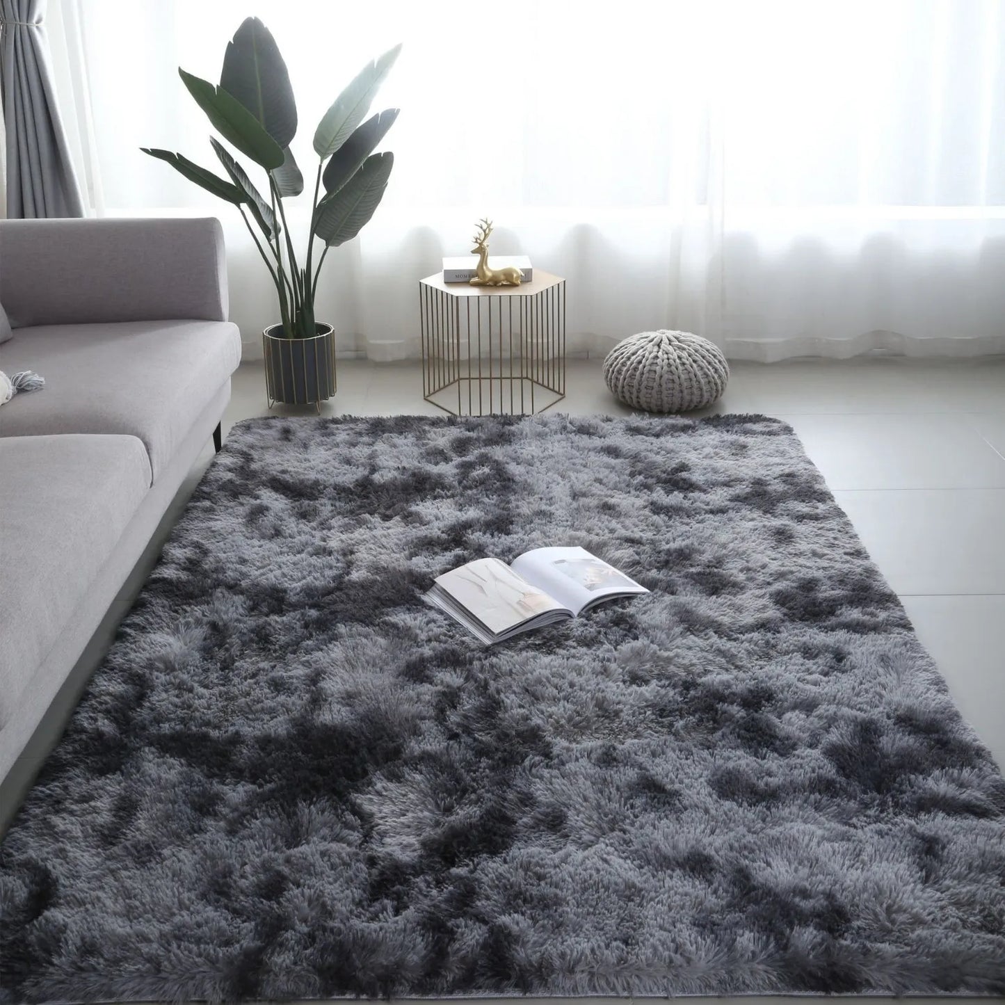 Fluffy tie-dye plush living room rug