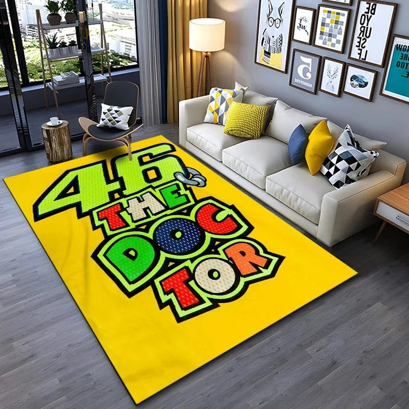 Motorcycle Racer “The Doctor” 46 Racing Carpet Mat Black Yellow Track Design Living Room Rug Home Decor