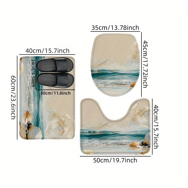 Washable 3-Piece Bathroom Rug Set Non-Slip Ocean Theme Flannel Shell Print Toilet Mat Bathtub Foot Pad Door Rug Home Decor