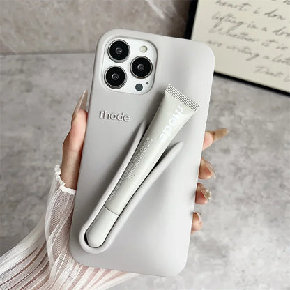Rhode Lip Gloss iPhone Case – Silicone Makeup Phone Cover with Lipstick Holder
