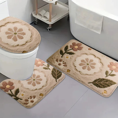 3pcs Korean style home toilet U-shaped floor mat toilet lid mat bathroom door mat absorbent carpet flannel anti slip mat