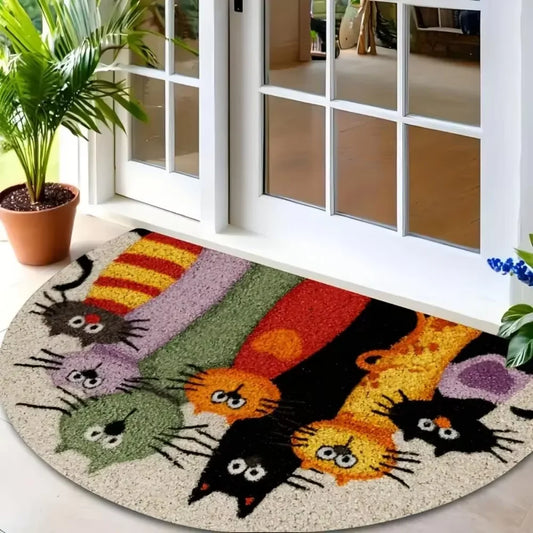 VIKAMA Cartoon Kitten Family Rug Colorful Welcome Mat Stain-Resistant Non-Slip Doormat Bedroom Living Room Carpet Home Decor
