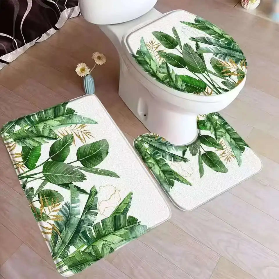 Tropical leaves bathroom mat set palm leaf flannel non-slip rug