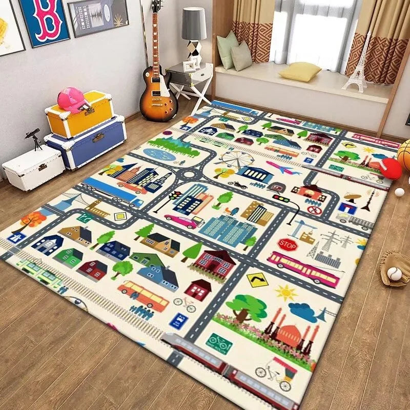 Kids Traffic Play Mat Road Map Rug Educational Non-Slip Carpet Preschool Playroom Zoo Animal Number Design Home Decor