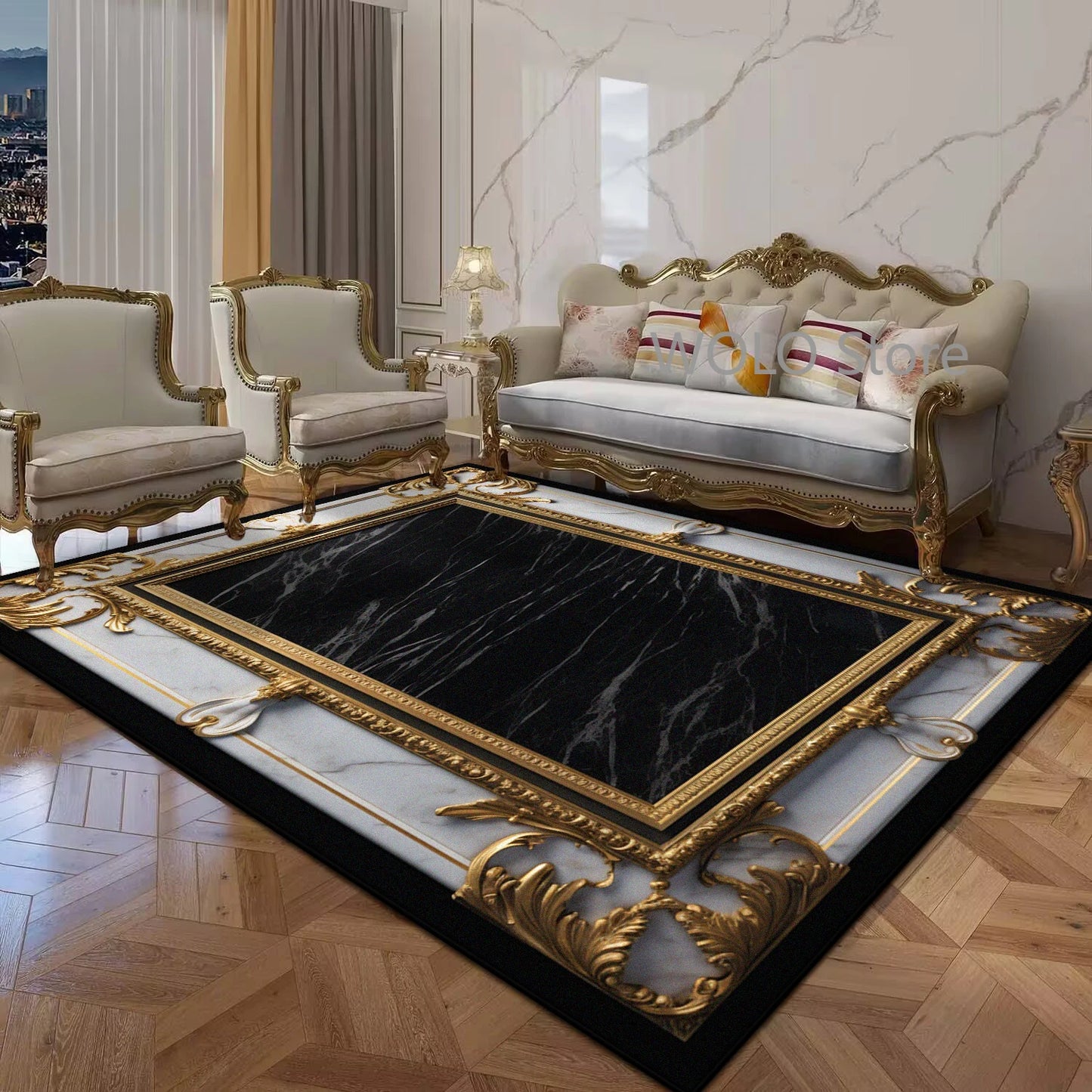 Black Gold Marble Luxury Area Rug