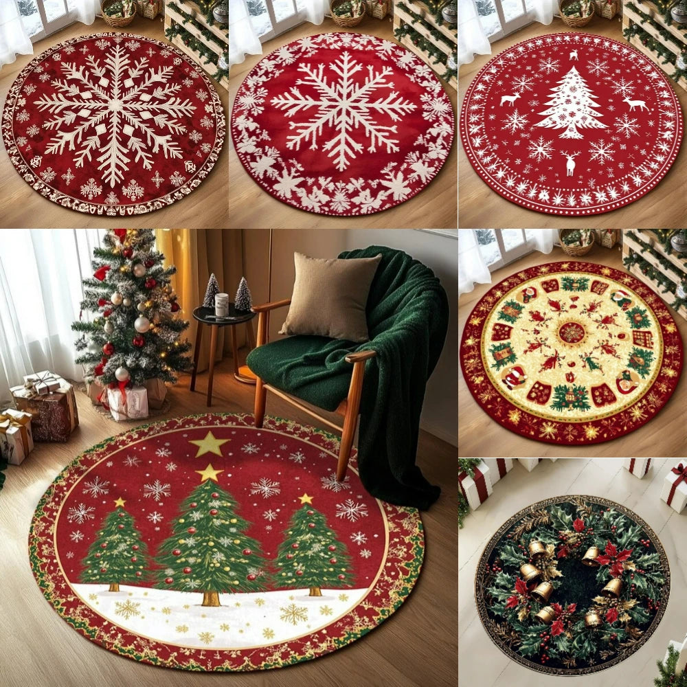 VIKAMA Festive Snowflake Christmas Tree Round Rug