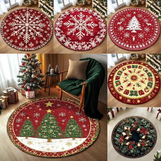 VIKAMA Festive Snowflake Christmas Tree Round Rug