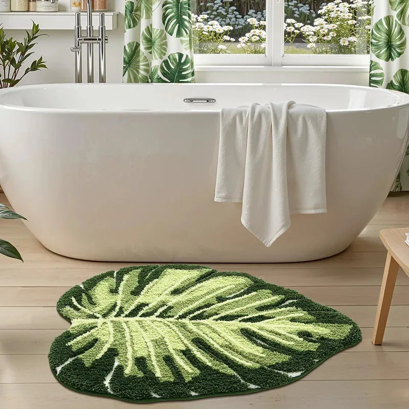 VIKAMA Green Leaf Bath Mat Non-Slip Washable Soft Shower Bedroom Bathroom Rug