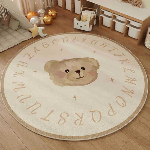 Cute Cartoon Bear ABC Alphabet Round Rug Soft Non-Slip Nordic Style Carpet Kids Nursery Play Area Floor Mat Home Decor