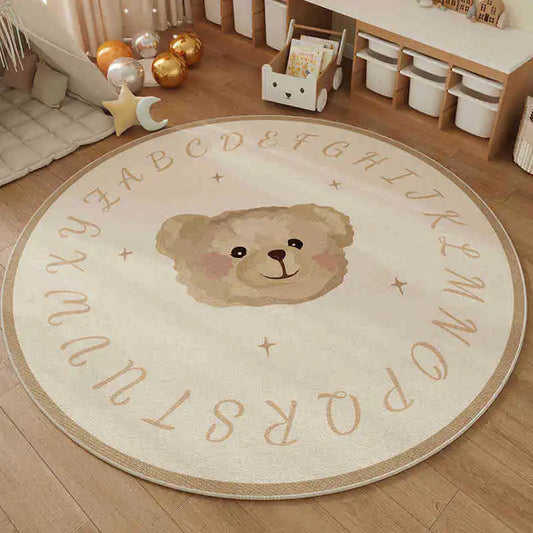 Cute Cartoon Bear ABC Alphabet Round Rug Soft Non-Slip Nordic Style Carpet Kids Nursery Play Area Floor Mat Home Decor