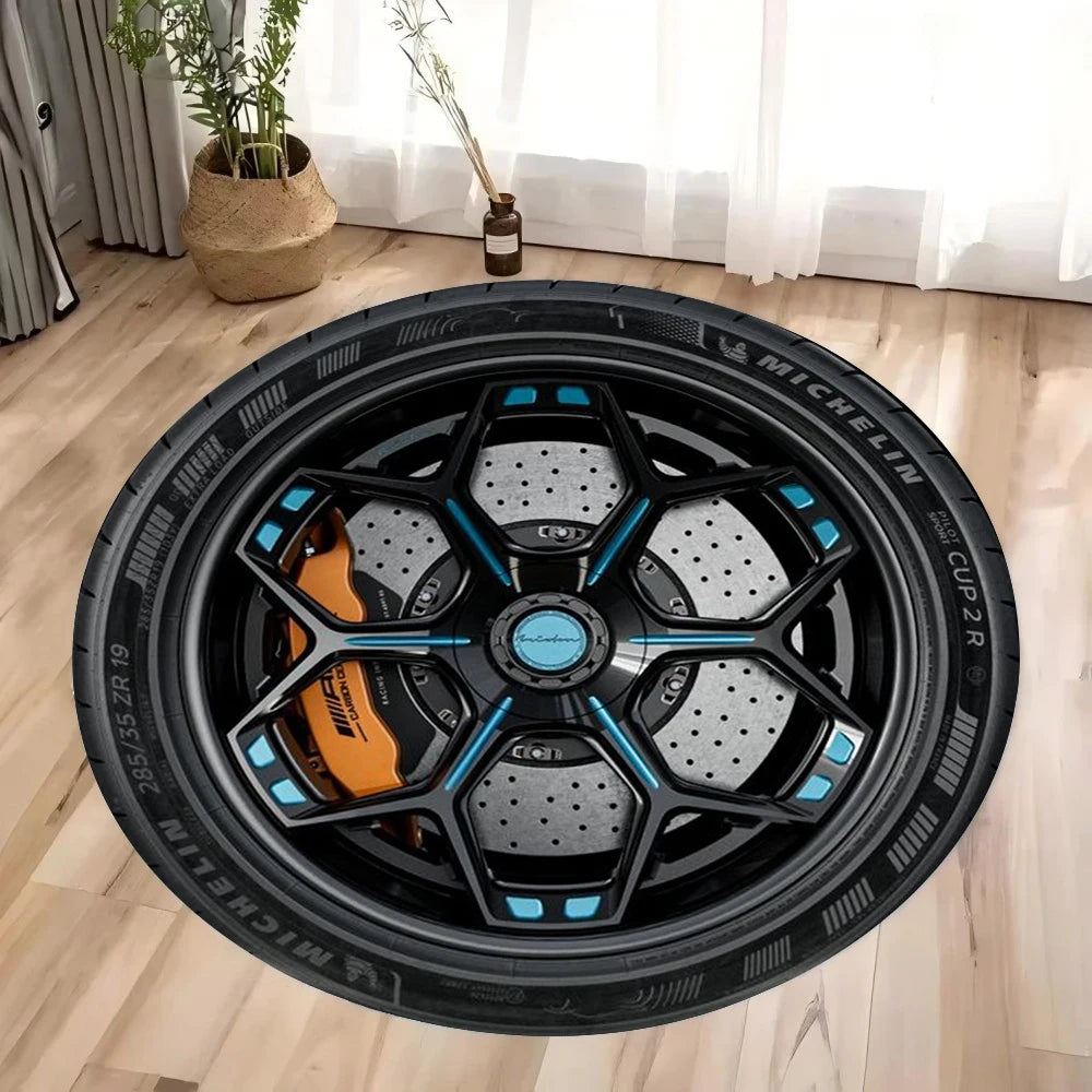 Sporty wheel rim design accent rug