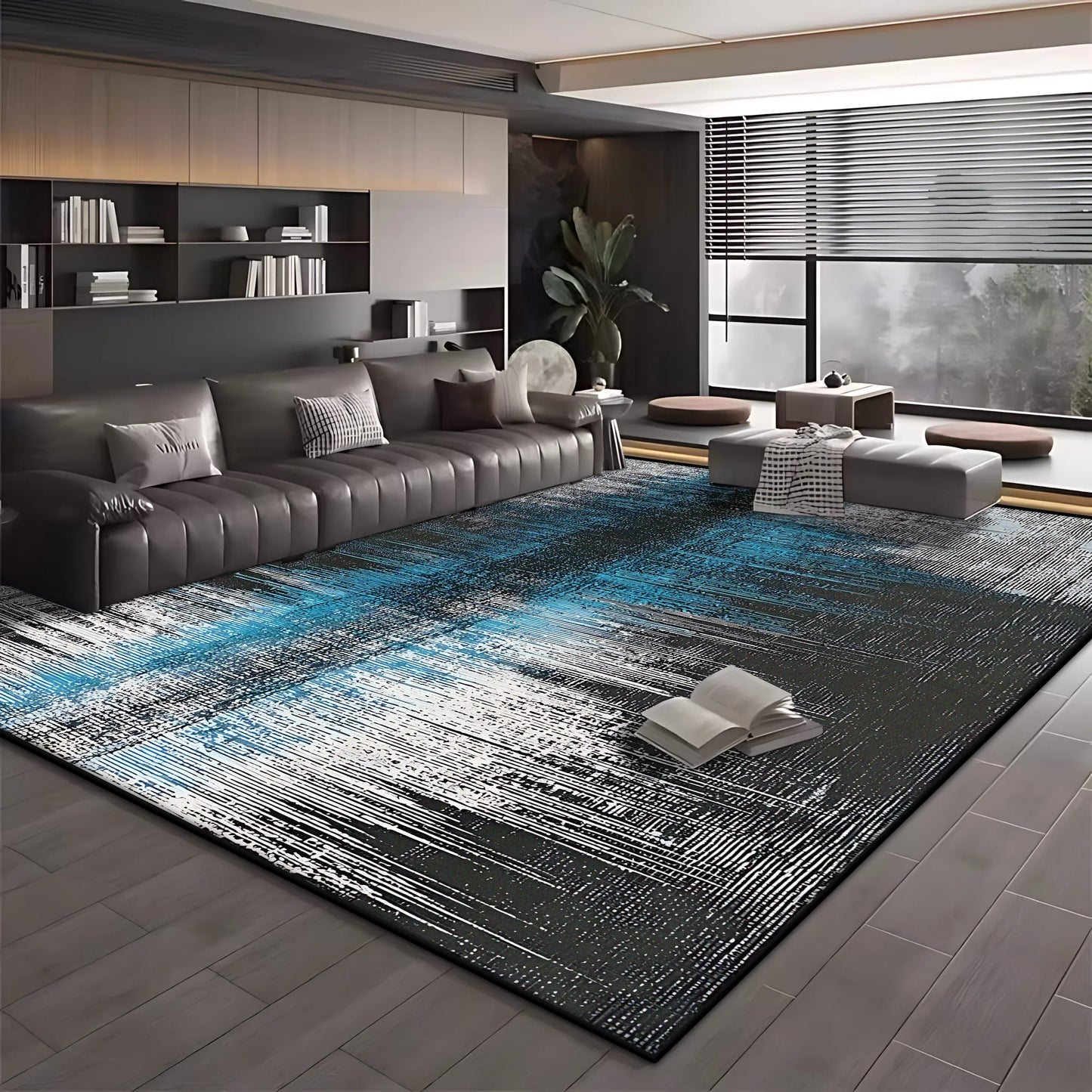 Modern Simple Blue Black Non-Slip Washable Area Rug