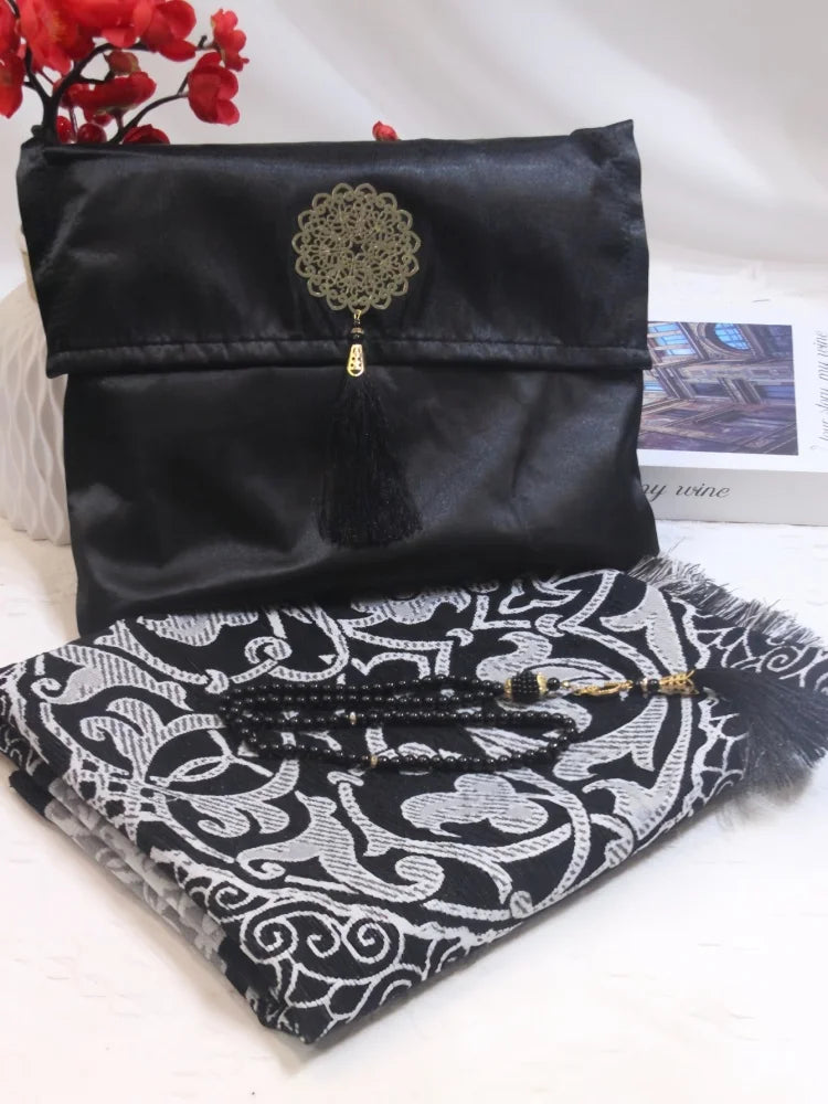 Muslim prayer rug set with beads and bag