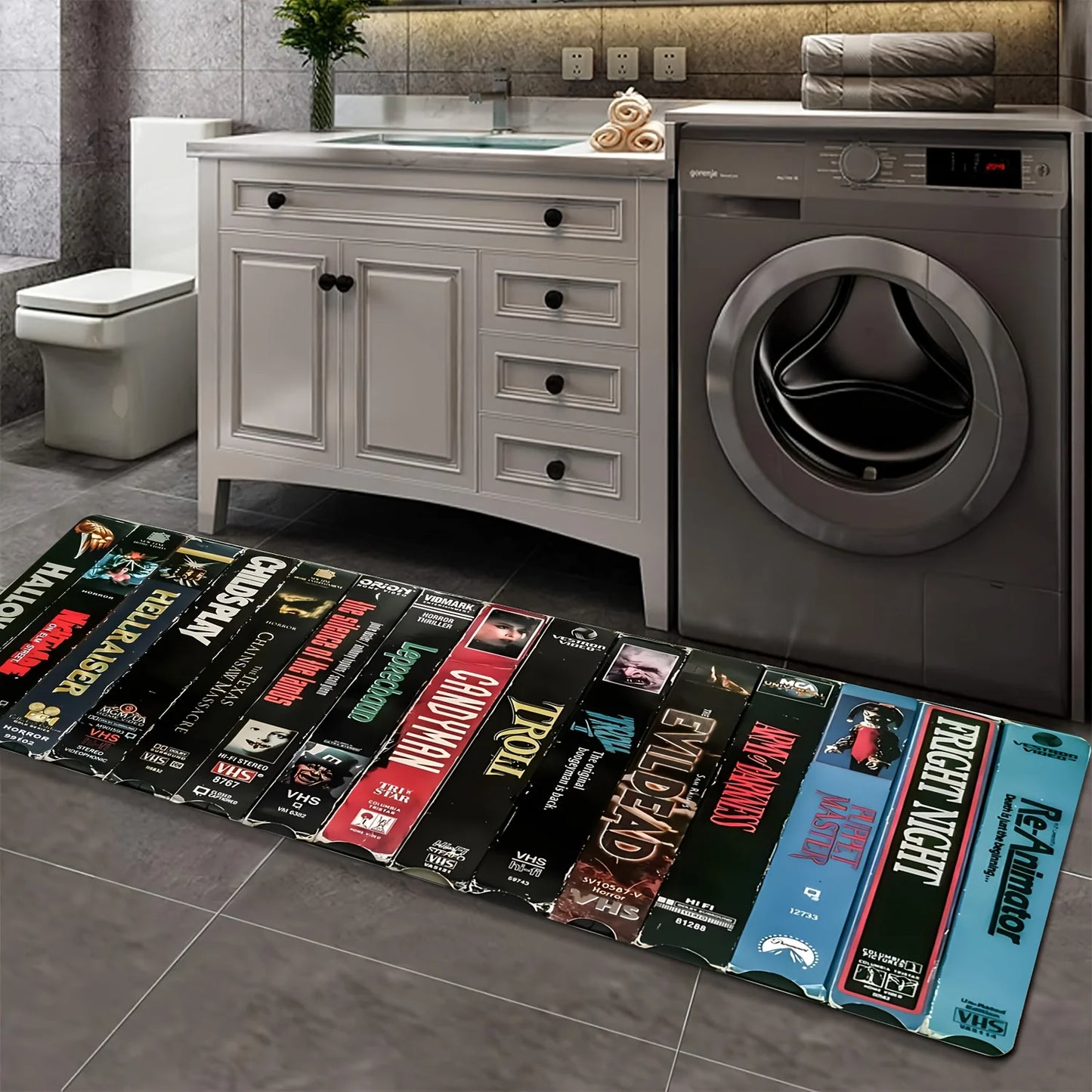 Horror movie themed machine washable home theater area rug / carpet