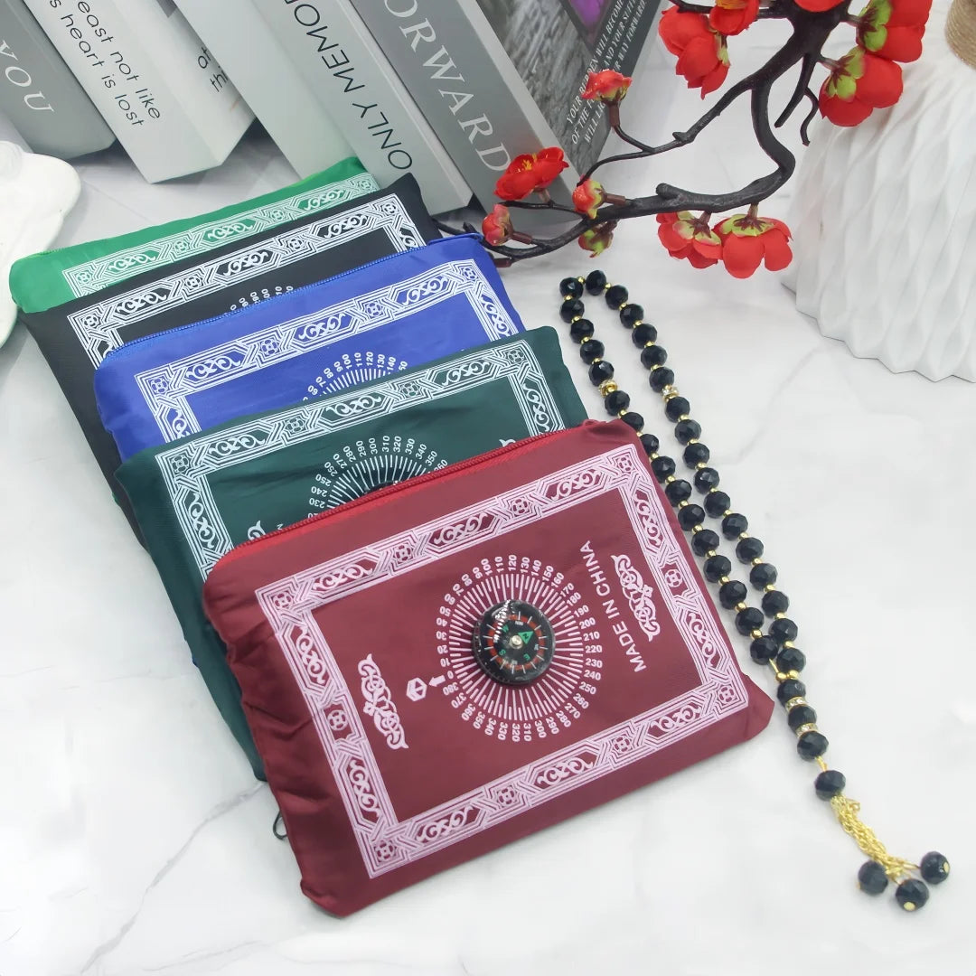 Portable foldable prayer rug with compass & beads