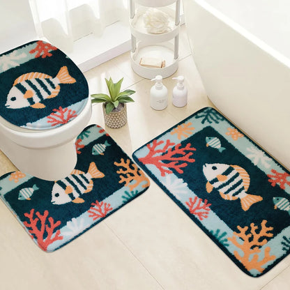 Ocean themed floor mat set, bathroom anti slip mat, shower room small carpet, toilet seat mat, door mat, decorative mat