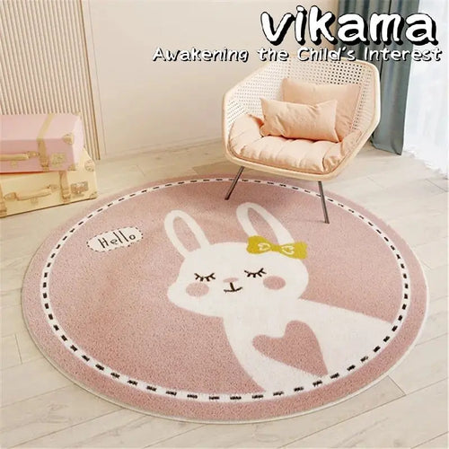 VIKAMA Cartoon Animal Round Cashmere Rug Non-Slip Washable Bedroom Living Room Sofa Mat