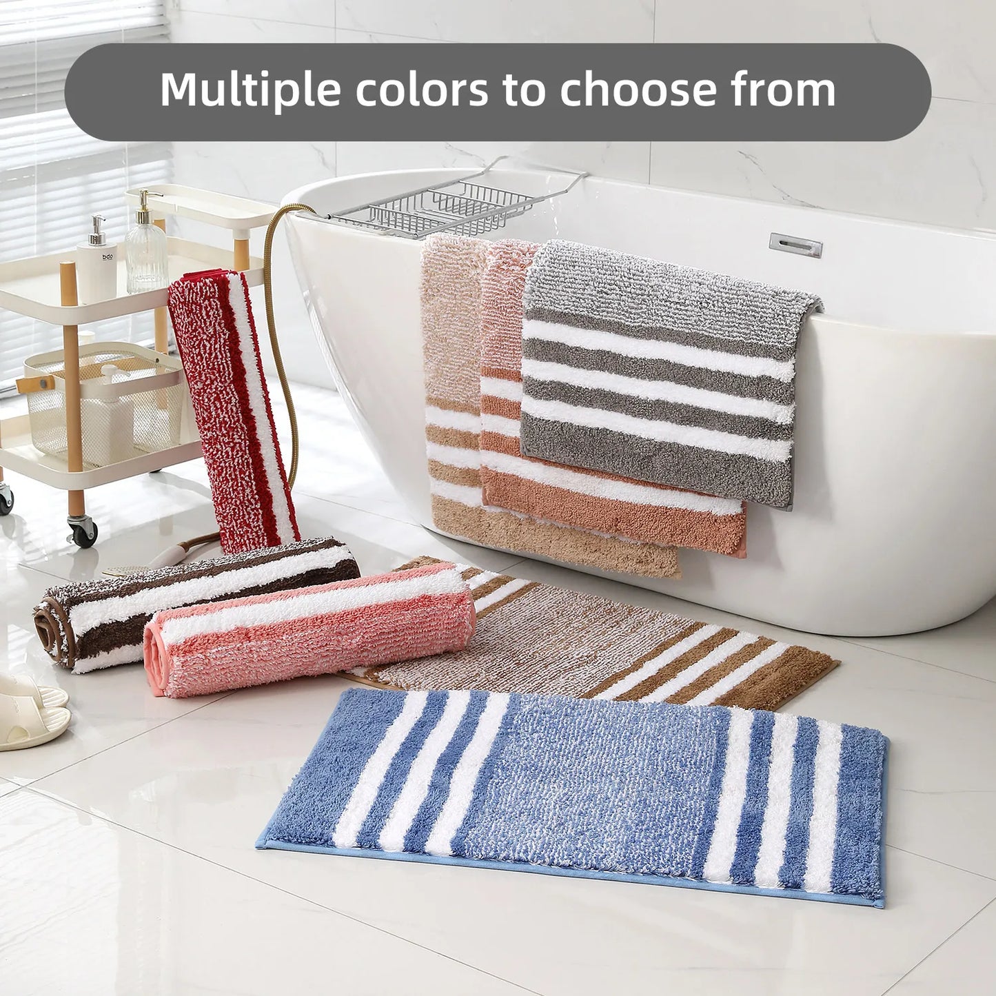 2-Piece Striped Microfiber Bathroom Mat Set Waterproof Non-Slip Quick-Dry TPR Backing Machine Washable Carpet