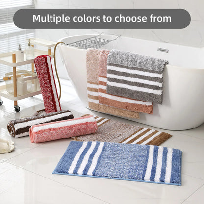 2-Piece Striped Microfiber Bathroom Mat Set Waterproof Non-Slip Quick-Dry TPR Backing Machine Washable Carpet