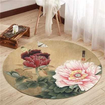 VIKAMA Lotus Peony Round Non-Slip Area Rug