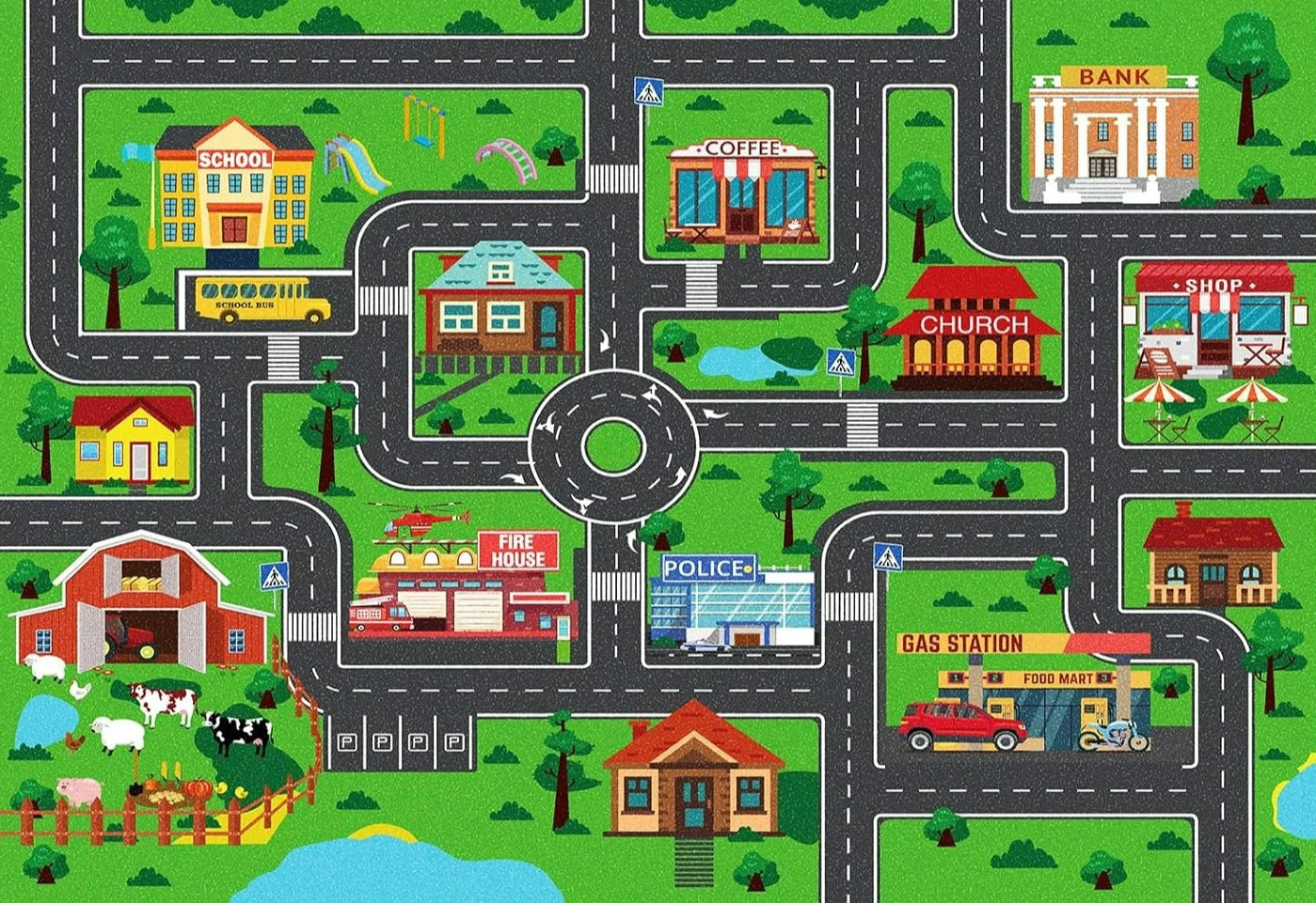 Kids city traffic interactive play rug