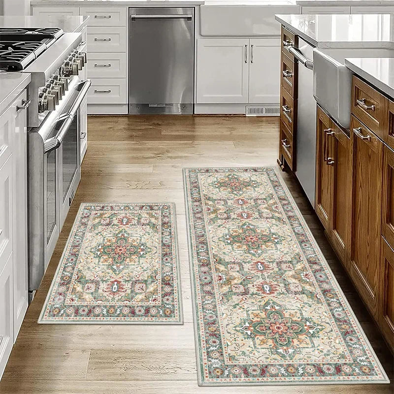 VIKAMA Bohemian Anti-Slip Washable Kitchen & Bathroom Floor Mat Set