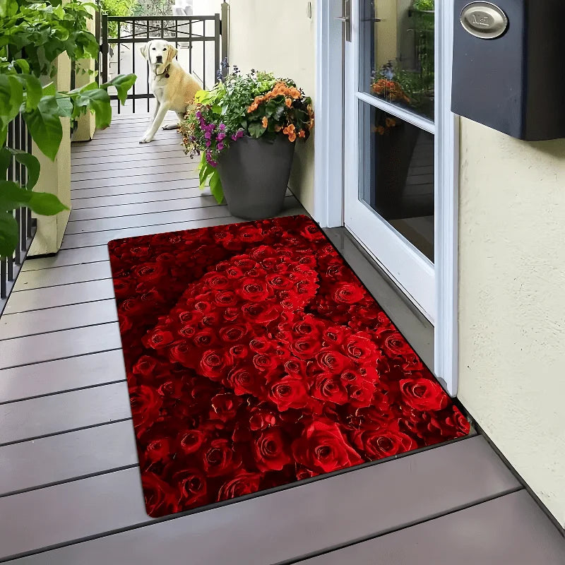 VIKAMA Vibrant Rose Carpet Heart Love Valentine Rug Non-Slip Doormat Welcome Mat Bedroom Living Room Carpet Home Decor