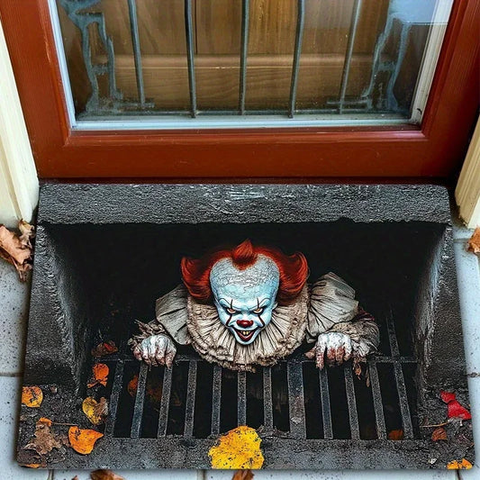 VIKAMA Halloween Clown Doormat Manhole Design Non-Slip Entryway Rug Horror Theme Decor