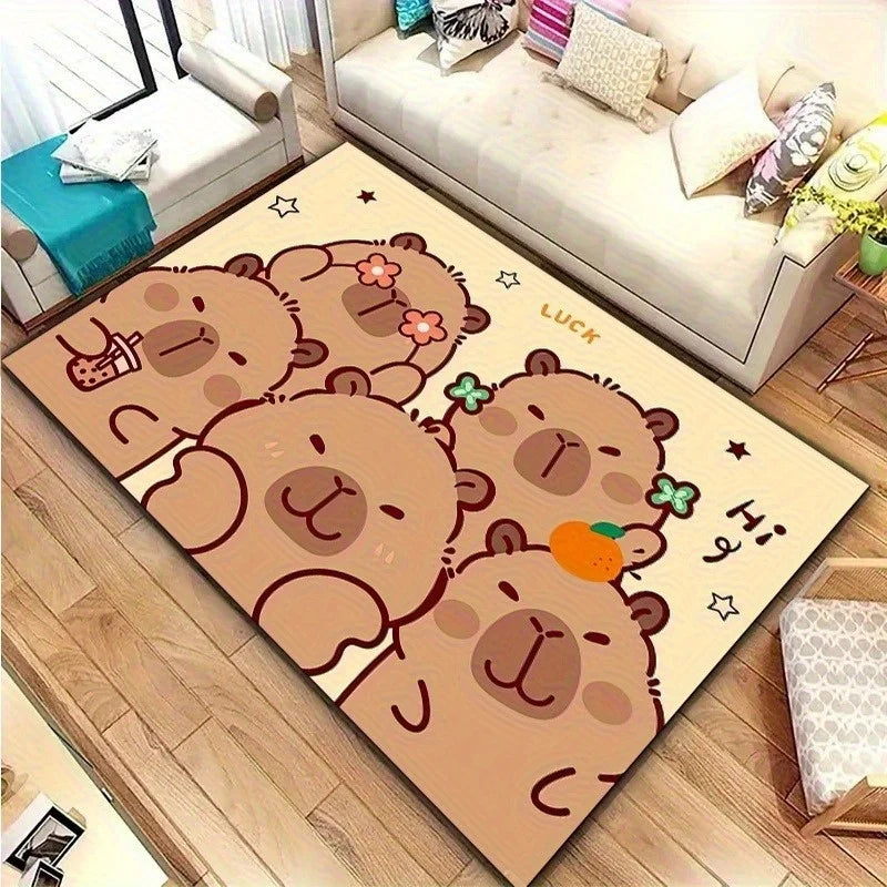 Cute Capybara Cartoon Rug Lucky Heart Pattern Non-Slip Carpet Kids Room Living Room Home Decor Playful Animal Mat