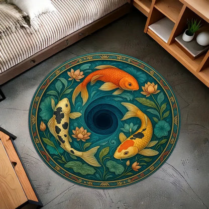 Japanese Koi Fish Round Rug Zen Style Non-Slip Carpet Living Room Bedroom Home Decor