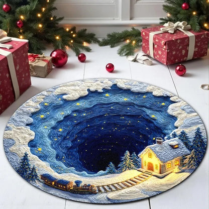 Christmas Round Carpet Blue Snow 3D Printed Non-Slip Rug Living Room Holiday Party Decor Christmas Gift