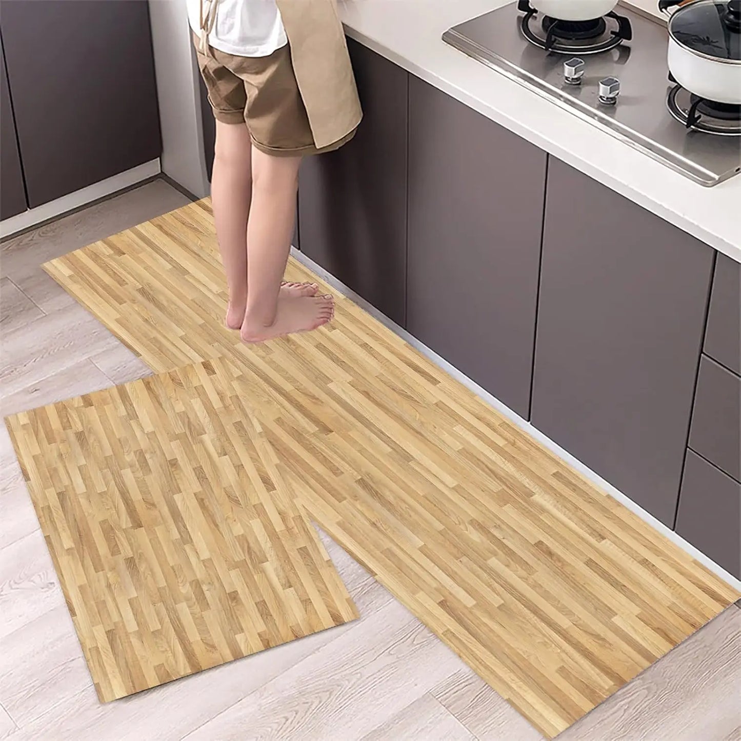 VIKAMA Vintage Wooden Non-Slip Kitchen Floor Mat Set