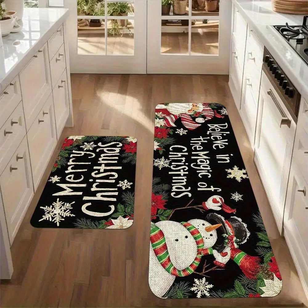 VIKAMA 1/2pcs Christmas Atmosphere Floor Mat Non-slip, Stain-resistant Bathroom Mat Kitchen Rug for Holiday Home Decor